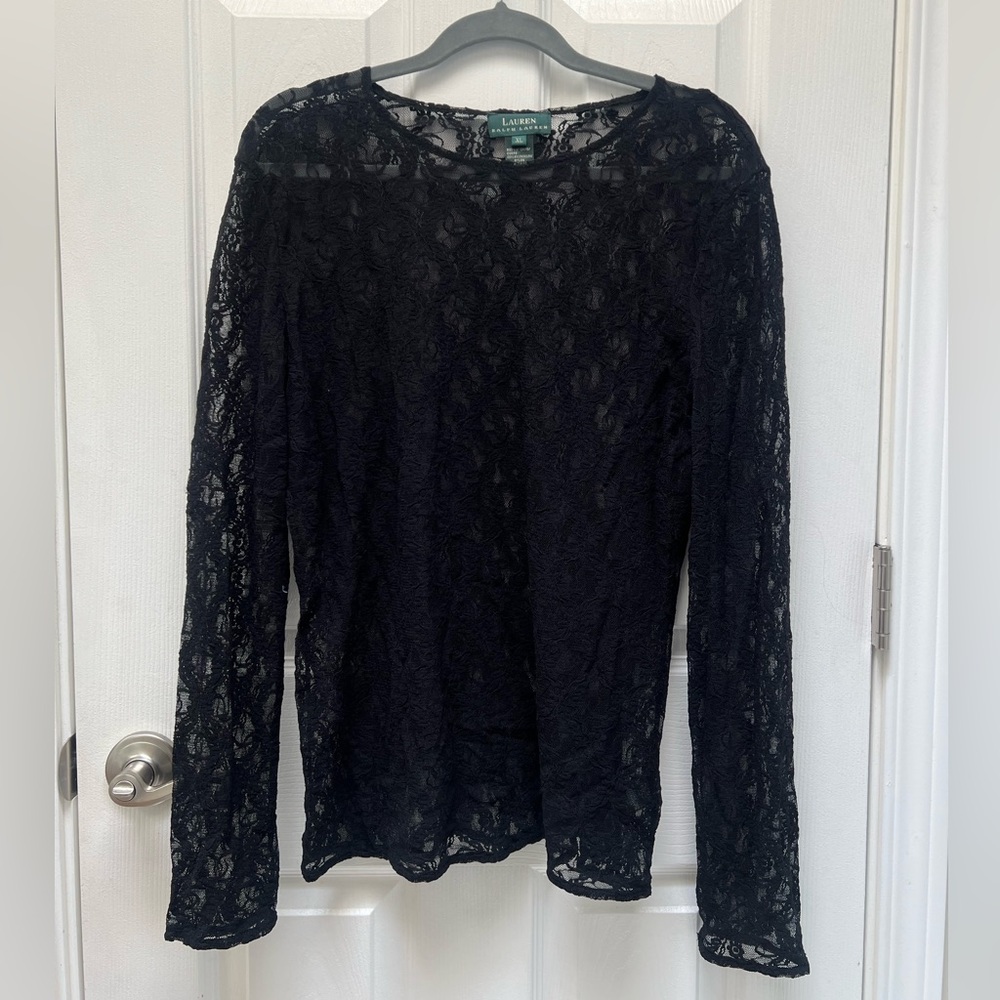 Lauren Ralph Lauren Black Lace Long-Sleeve Crewneck Top Size XL
